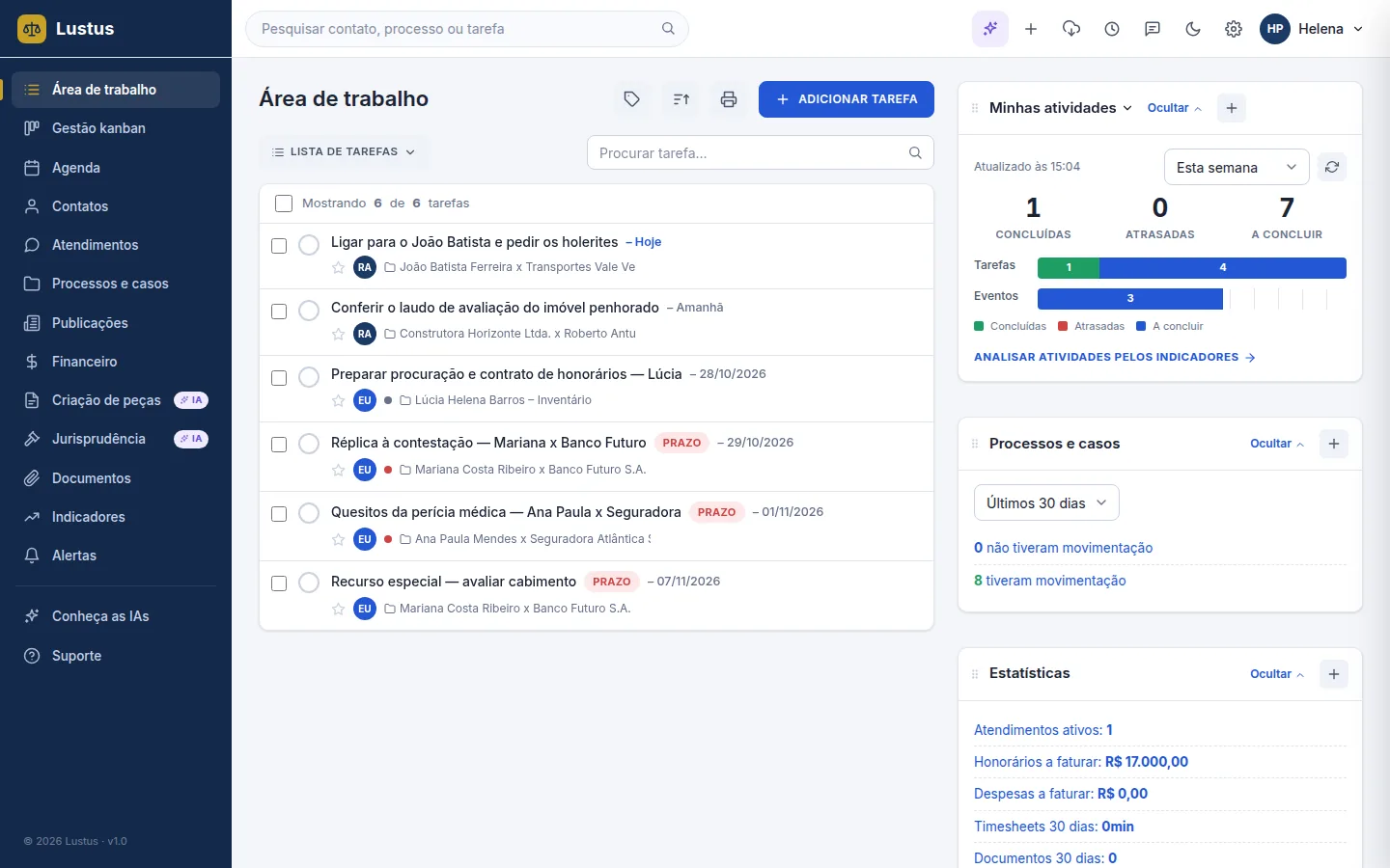 Área de trabalho do Lustus com os prazos e tarefas do dia e o resumo da semana