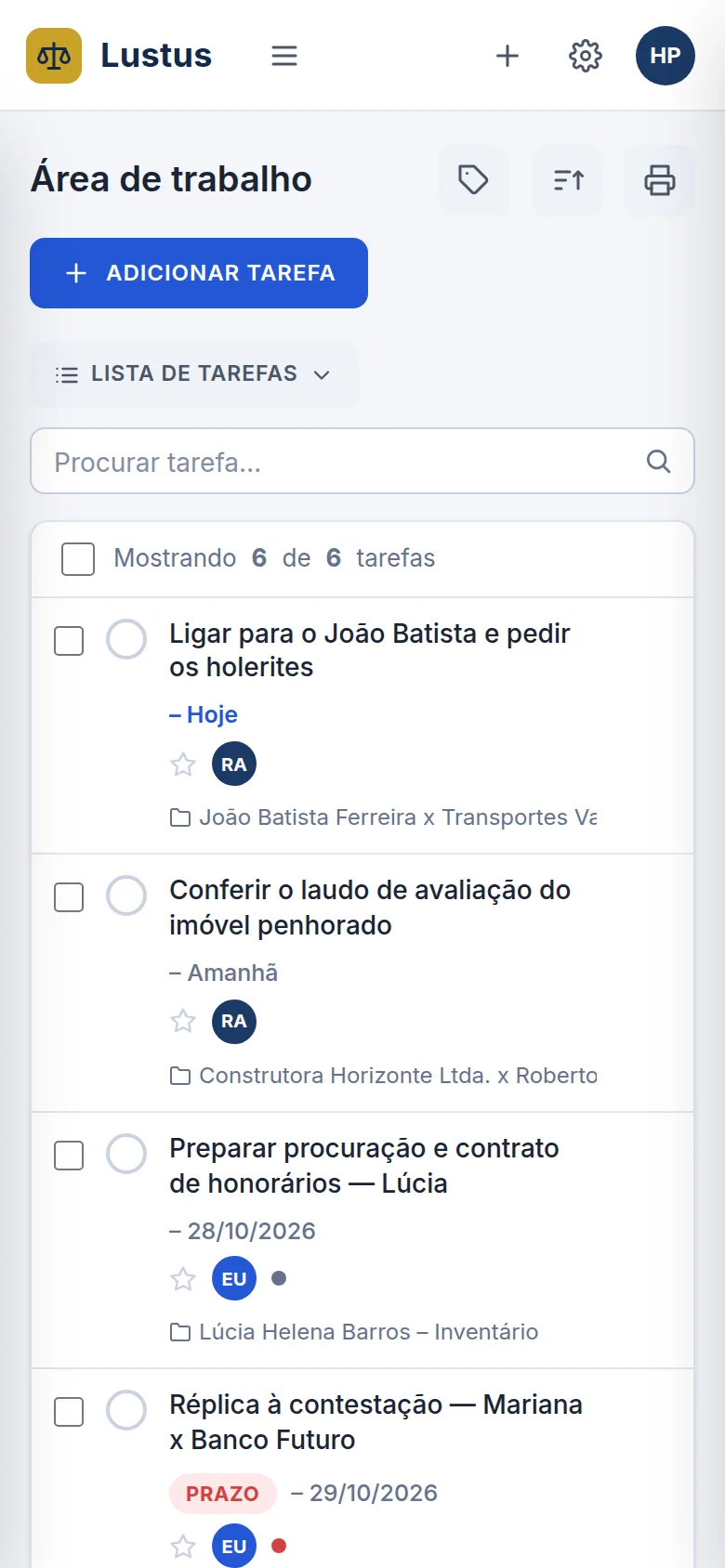 Área de trabalho do Lustus no celular