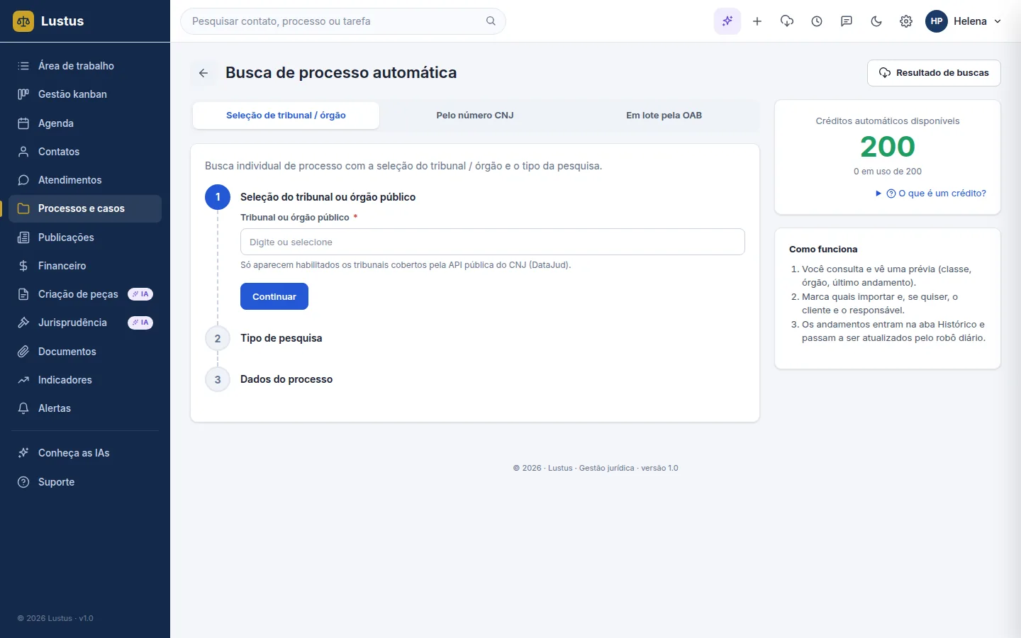 Busca automática de processos no CNJ pelo número, com prévia antes de importar