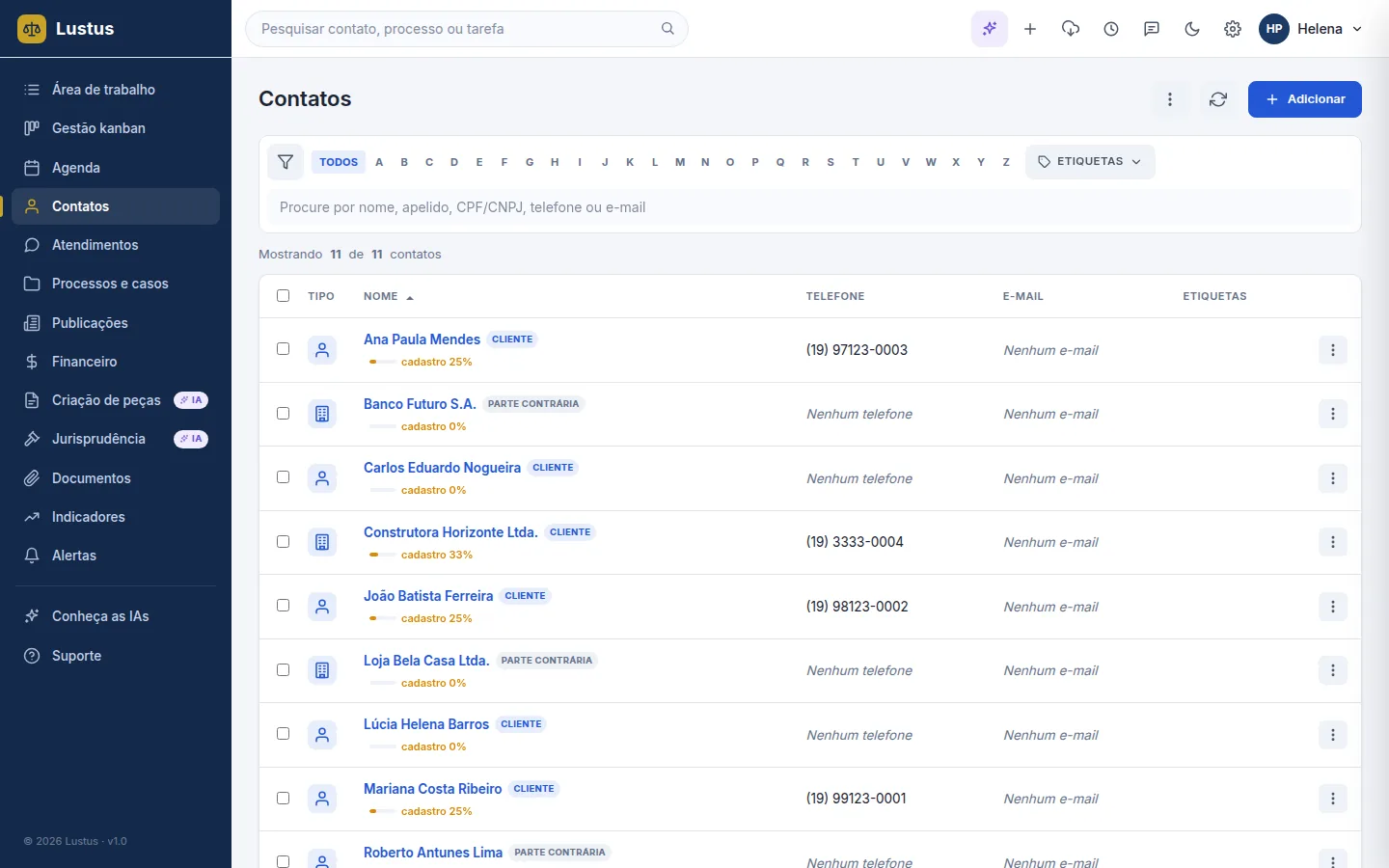 Lista de contatos do Lustus com clientes e partes contrárias