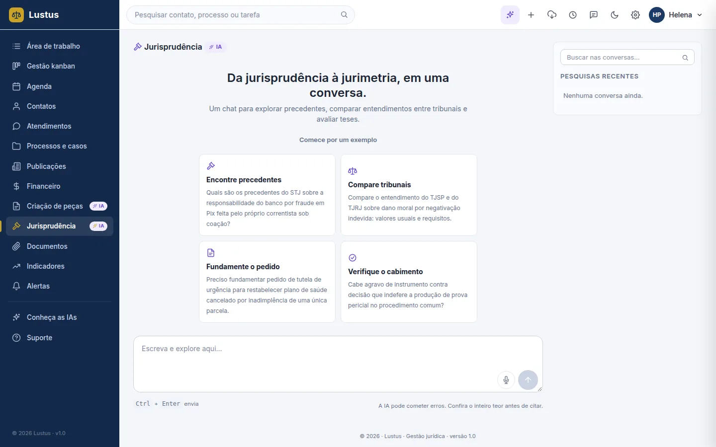 Tela de jurisprudência do Lustus com a IA em formato de conversa