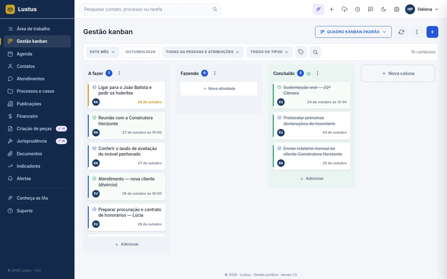 Quadro Kanban do Lustus com as colunas A fazer, Fazendo e Concluído