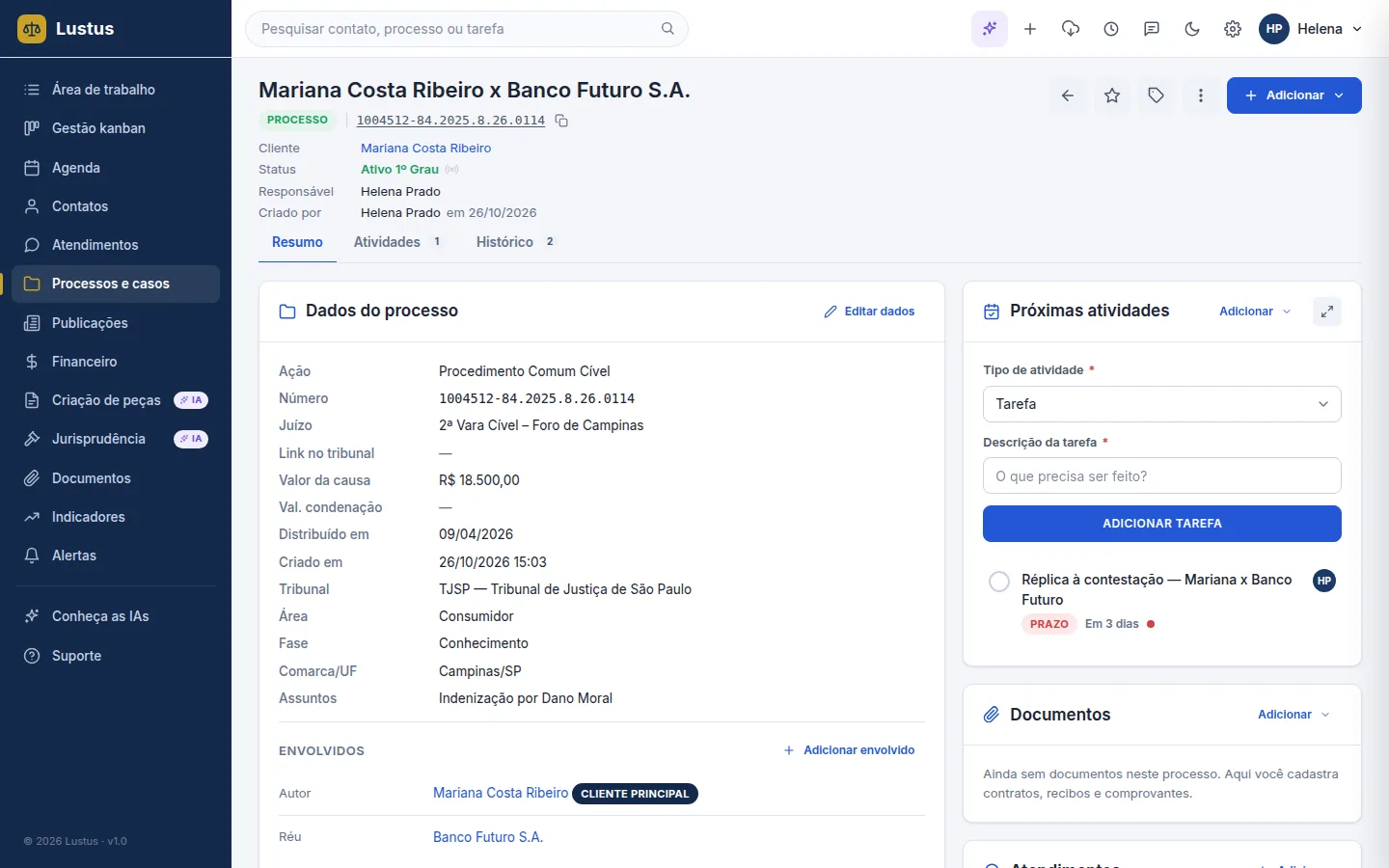 Ficha de processo no Lustus com partes, juízo, valores e andamentos