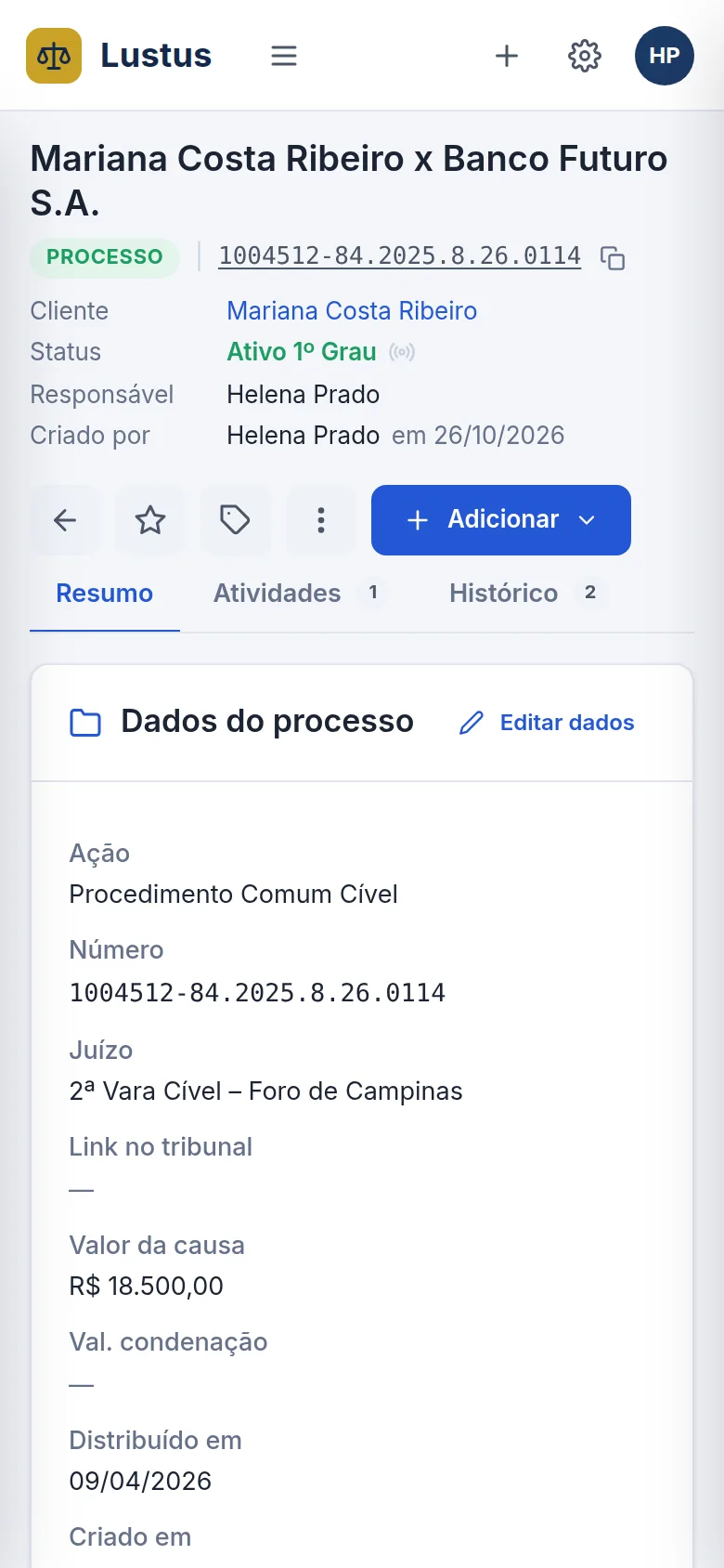 Ficha de processo do Lustus no celular