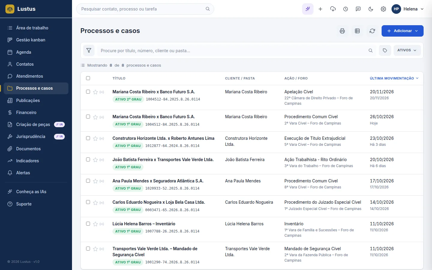 Lista de processos do Lustus com cliente, ação, foro e última movimentação